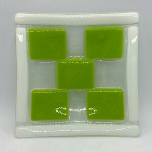 Fused Art Glass Trinket Dish, 5-3/4” Sq. Clear, With Yellow Green and White.
